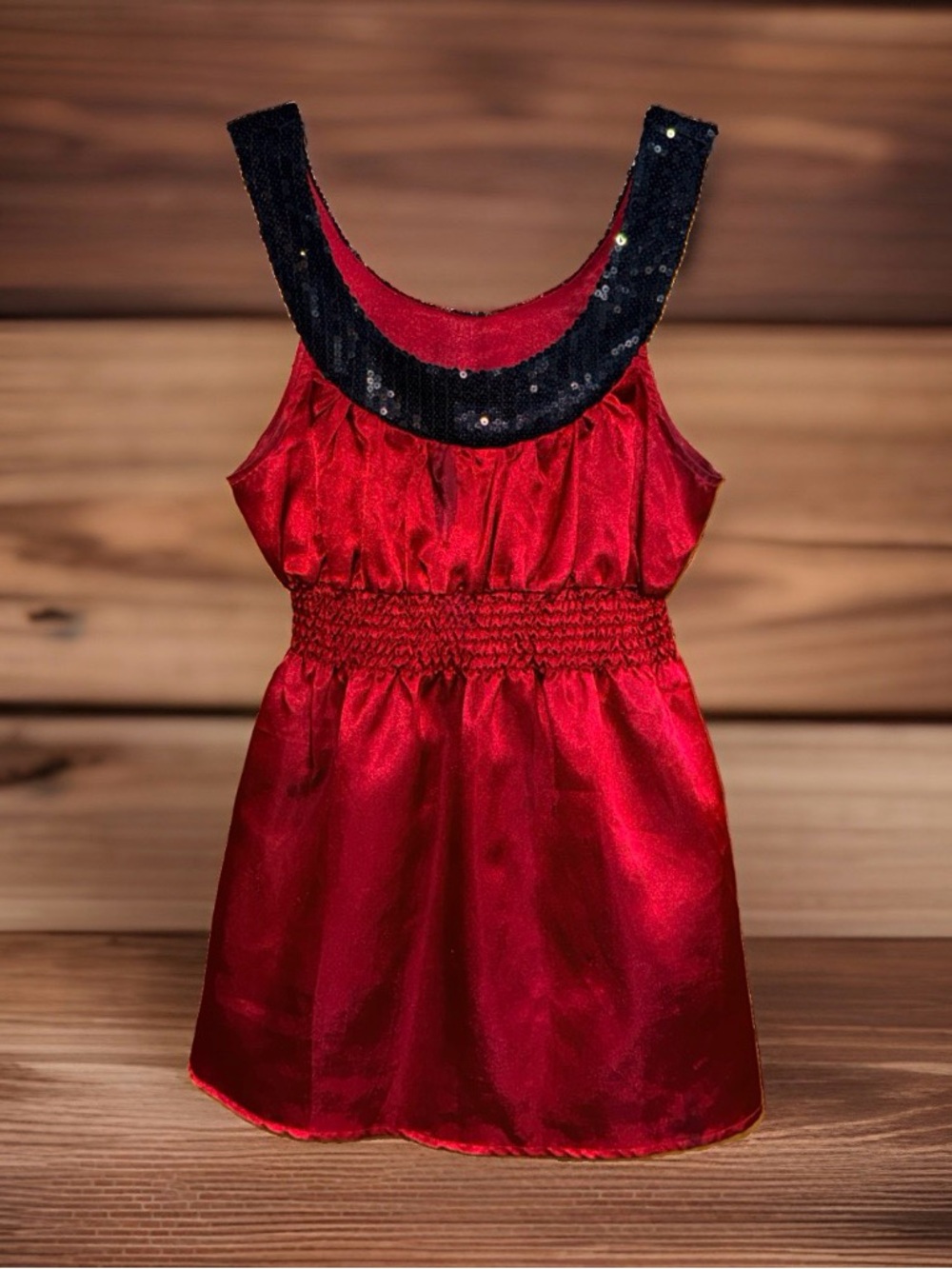 Studio Y Red Satin Sleeveless Top with Black Sequin Trim & smocked waist-S-EC